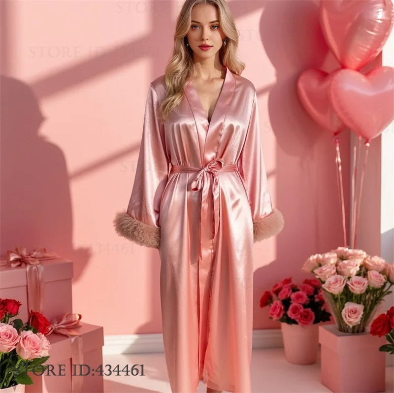 Pink Bride Wedding Robe Dress Long Kimono Bathrobe Gown Loungewear Spring Summer Silk Satin Sleepwear Loose Home Dress Nightgown