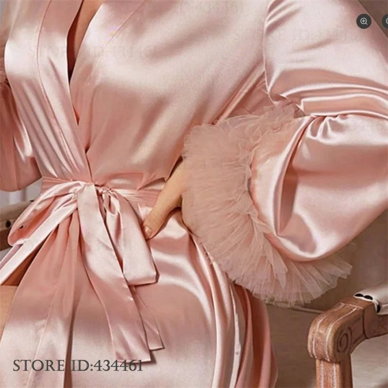 Pink Bride Wedding Robe Dress Long Kimono Bathrobe Gown Loungewear Spring Summer Silk Satin Sleepwear Loose Home Dress Nightgown