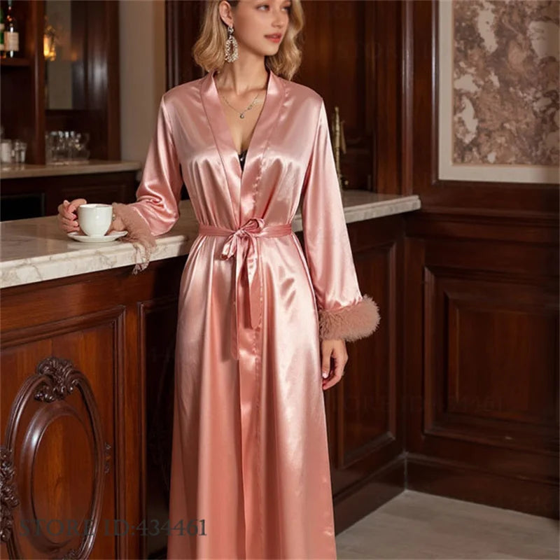 Pink Bride Wedding Robe Dress Long Kimono Bathrobe Gown Loungewear Spring Summer Silk Satin Sleepwear Loose Home Dress Nightgown
