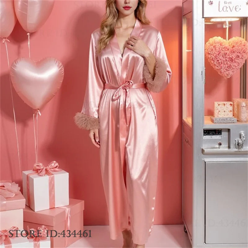 Pink Bride Wedding Robe Dress Long Kimono Bathrobe Gown Loungewear Spring Summer Silk Satin Sleepwear Loose Home Dress Nightgown